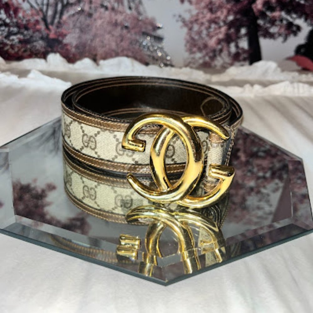 Gucci Brown Monogram Belt w/ Gold Hardware